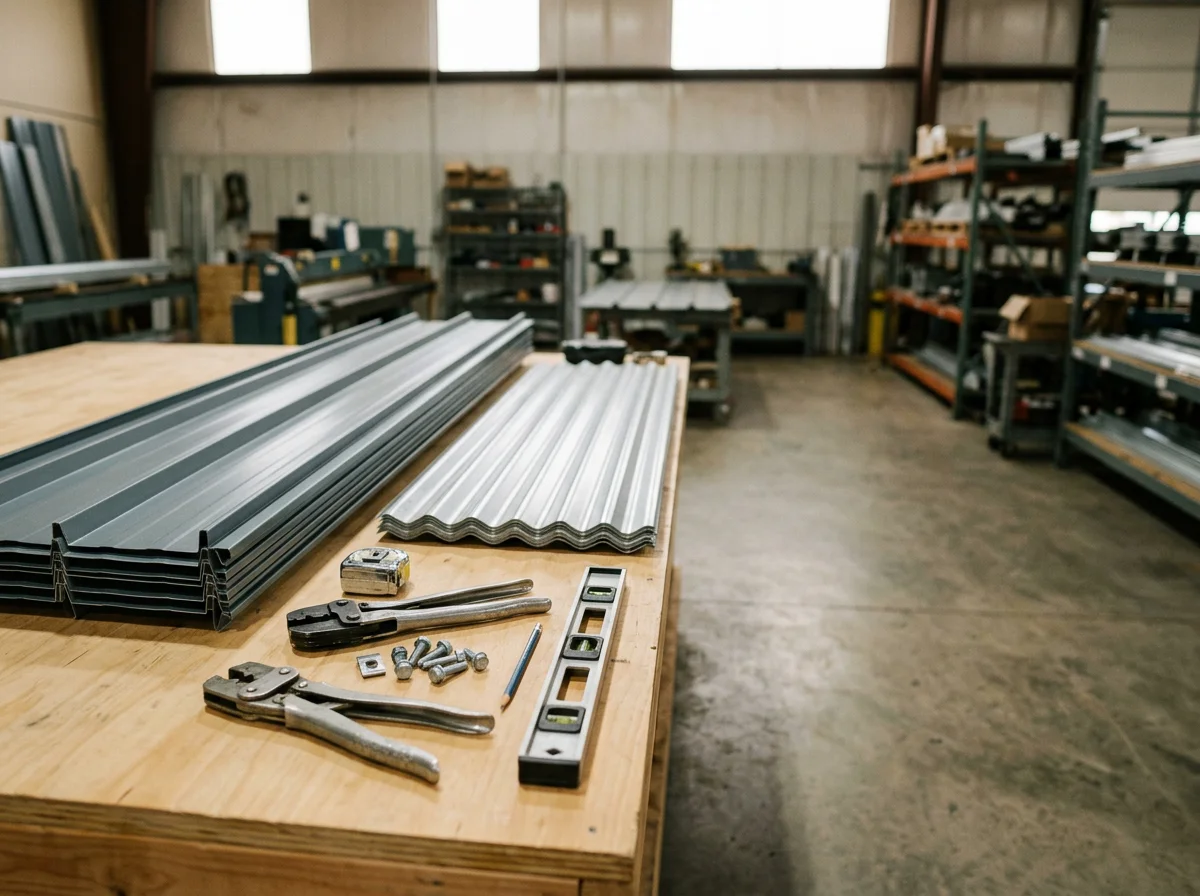 Metal roofing materials and installation tools displayed on a shop floor or work surface, showcasing the range of metal panel types and equipment used in professional installations.