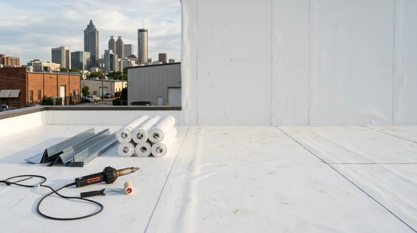 TPO membrane roofing installation on commercial building