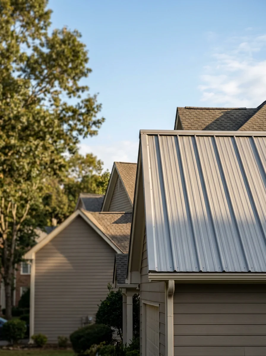 New corrugated metal roof on a 1990s subdivision home in Alpharetta's Windward area, showing clean panel alignment and a ridge cap detail against a clear north Fulton sky.