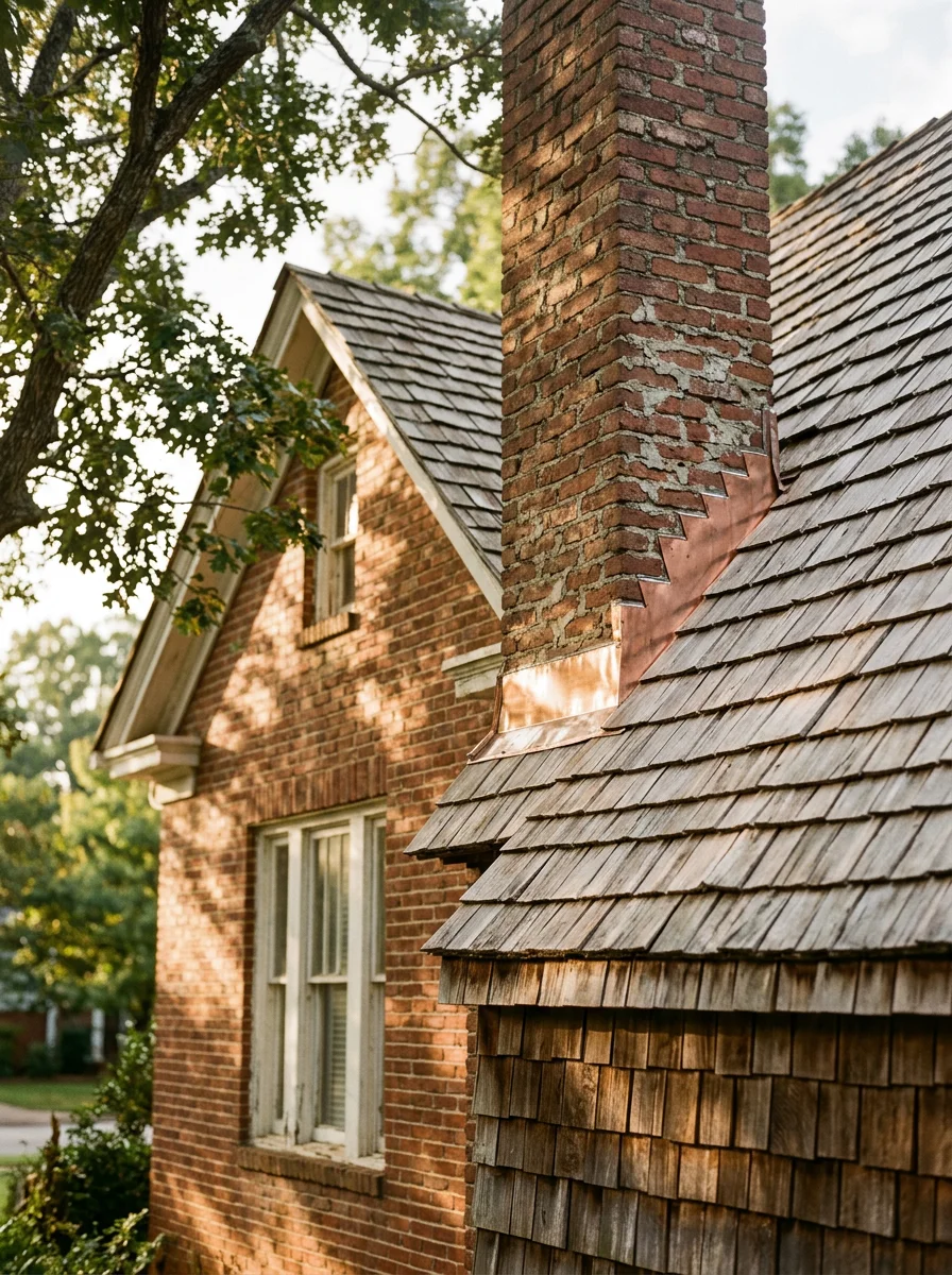 Shake roofing installation on a historic home in Athens's Five Points neighborhood, showing hand-split cedar courses and copper step flashing at a brick chimney.