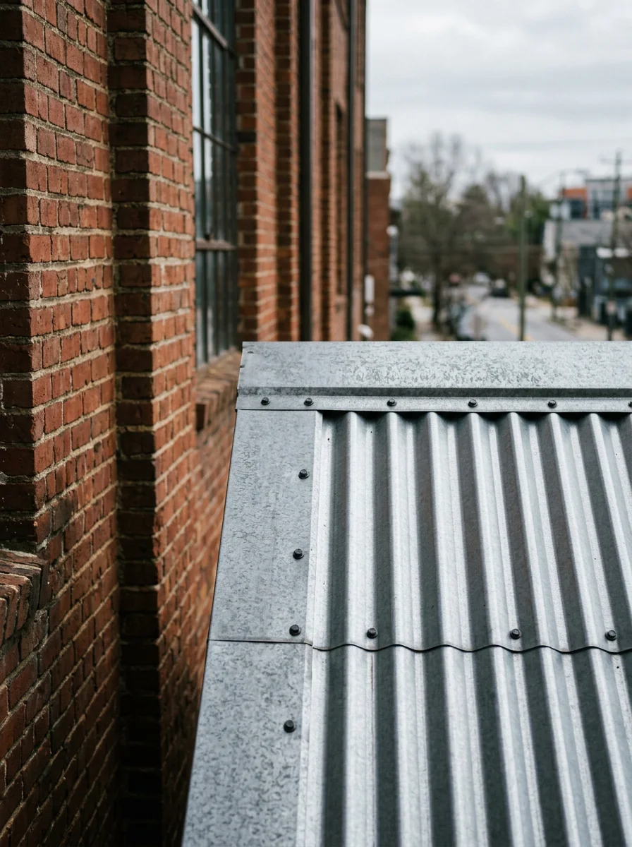 Close-up of corrugated metal roofing panels on a converted industrial building in Atlanta's West Midtown corridor, showing clean panel alignment and ridge cap detail.