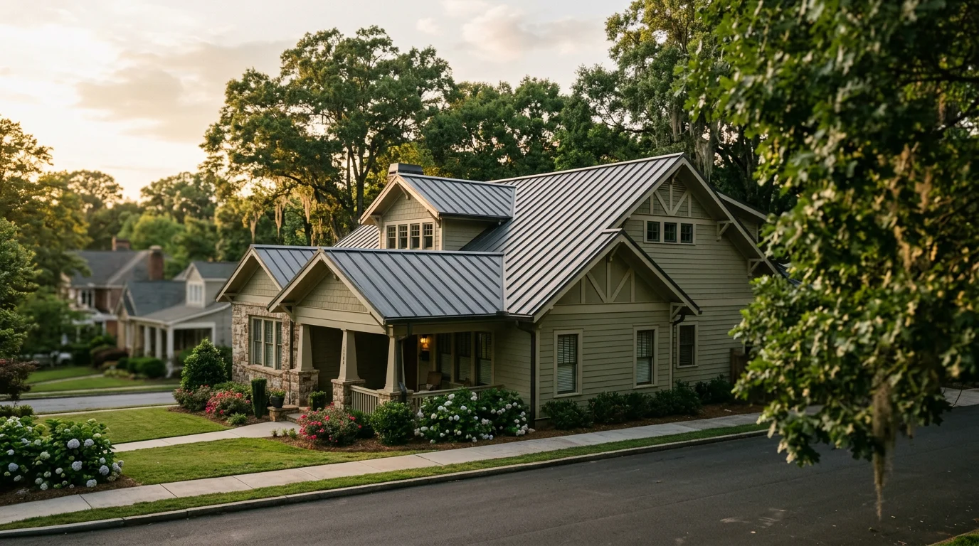 Standing seam metal roof installed on a two-story craftsman home in an Atlanta intown neighborhood, with mature oak trees visible in the background.