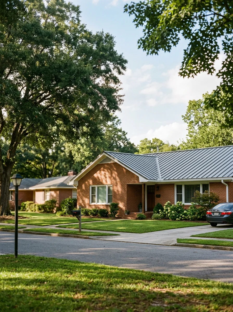 Mid-century ranch home in Augusta's Forest Hills area with a new corrugated metal roof, showing low-slope panel runs and ridge ventilation detail.