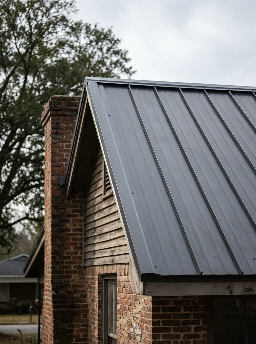 Standing seam metal roofing on a historic mill-era cottage in Columbus's North Highlands neighborhood, showing tight panel alignment and ridge detail on a low-slope structure.