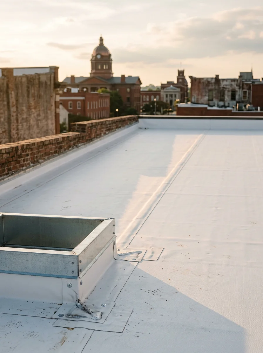 TPO roofing membrane installation on a flat-roof commercial building in downtown Macon, showing heat-welded seams and a rooftop HVAC curb detail.