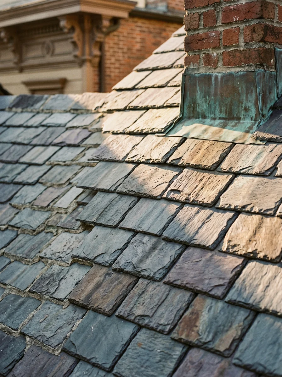 Slate roofing installation on a 19th-century Savannah home in the Historic District, showing hand-set slate courses and copper flashing at the chimney.