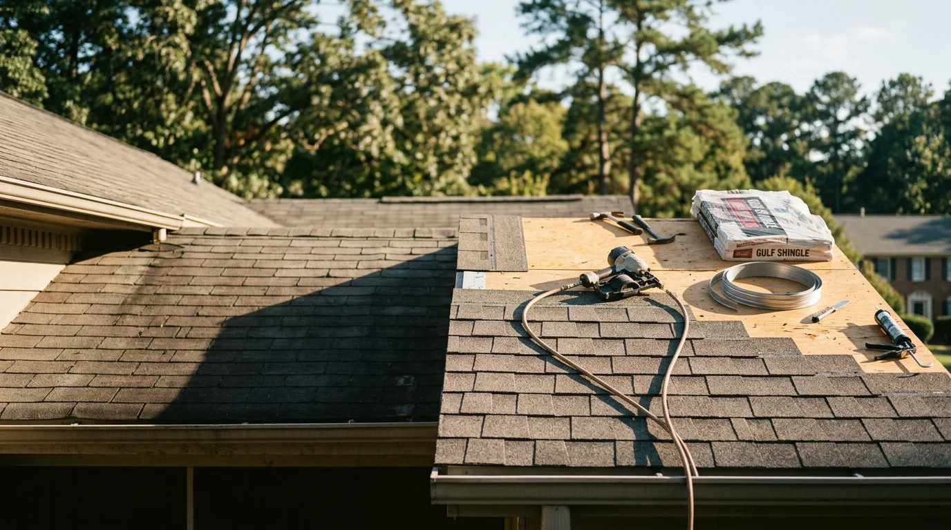 Newly installed asphalt shingles on a residential home in Atlanta, GA, showing staggered shingle rows, ridge caps, and clean roof lines against a clear Georgia sky. Close-up view highlights the dimensional texture and granule surface of the completed installation.