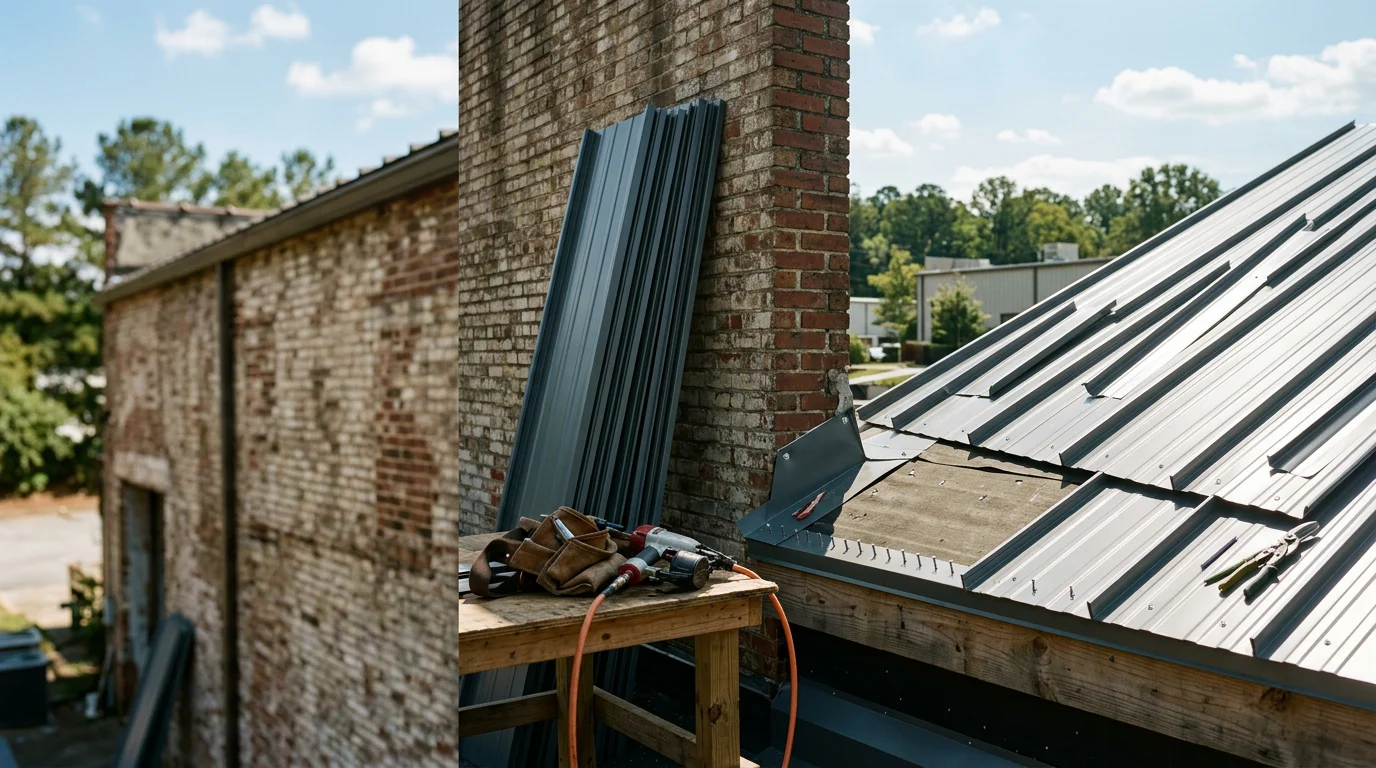 Commercial metal panel roofing system installed on a large commercial building in Atlanta, GA, showing interlocking panel rows and clean ridge lines under a clear Georgia sky. Close view highlights the finished panel seams and structural coverage across the full commercial roof span.