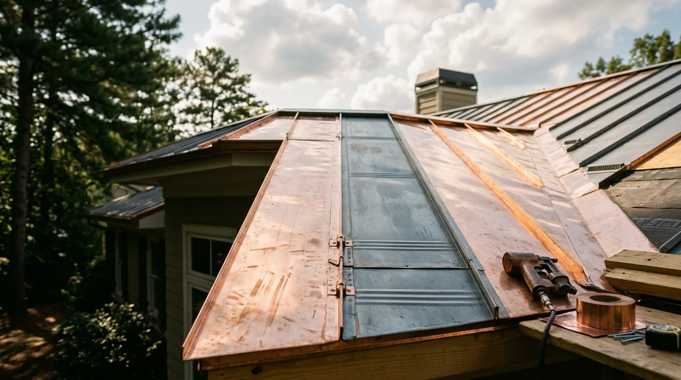 Newly installed copper roofing panels on a residential property in Atlanta, GA, showing clean seam lines and the material's natural warm tone before patina develops. The installation covers a pitched roof section typical of homes across the Atlanta metro area.