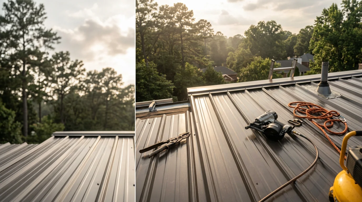 Corrugated metal roofing panels installed on a residential property in Atlanta, GA, showing the ribbed panel pattern and finished ridge detail. The completed roof reflects Georgia's bright summer sunlight against a backdrop of mature trees.