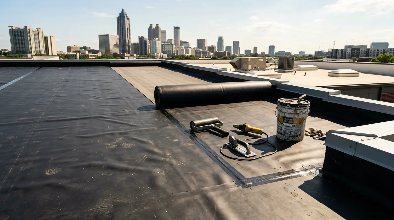 Freshly installed black EPDM rubber membrane covering a flat commercial rooftop in Atlanta, GA, with sealed seams and metal flashing visible at the roof edge. The surrounding Atlanta skyline is visible in the background.