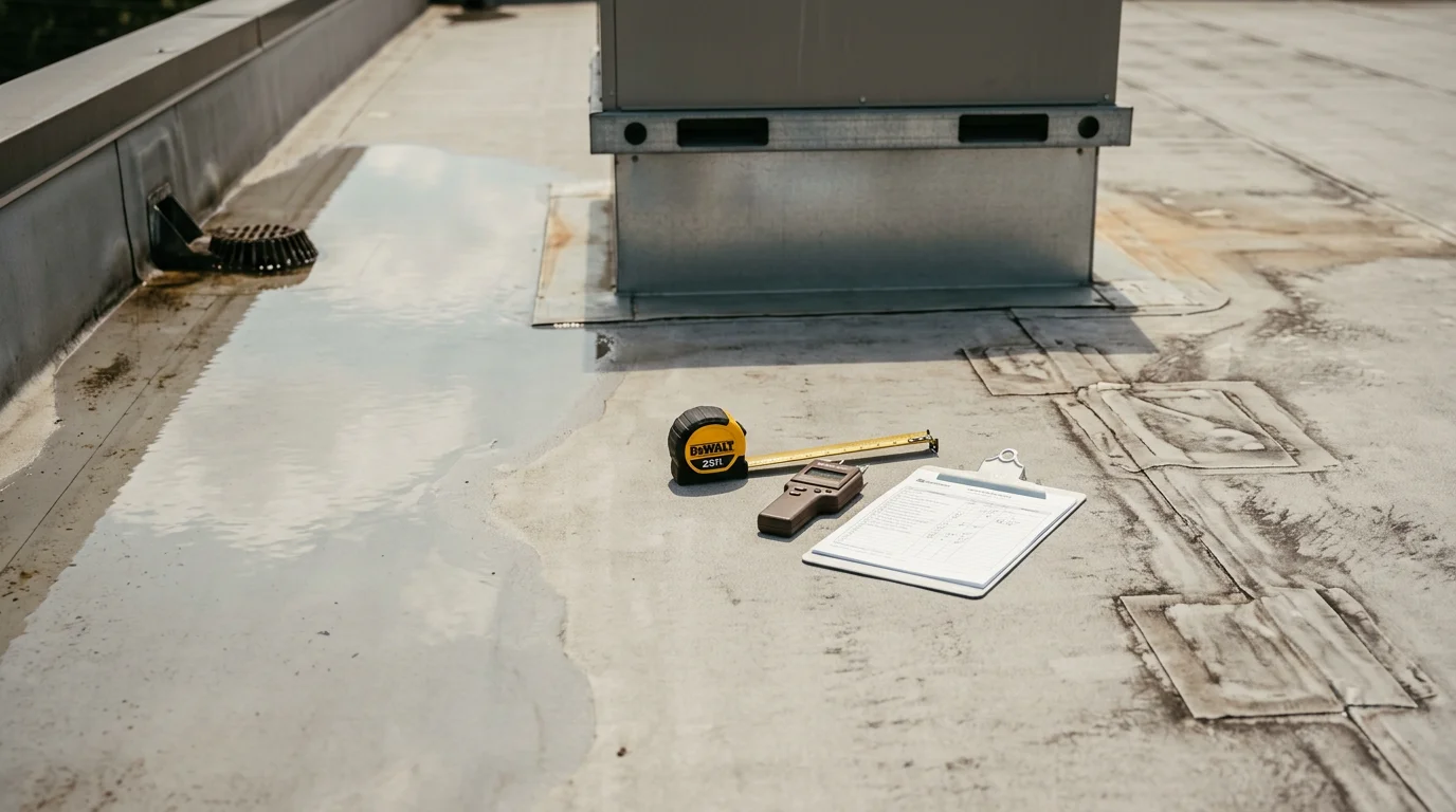 A roofing specialist from Rodriguez Metal and Roofing examining the membrane surface and drainage points of a commercial flat roof in Atlanta, GA. The inspector checks seams and flashing around rooftop HVAC units under clear Georgia skies.