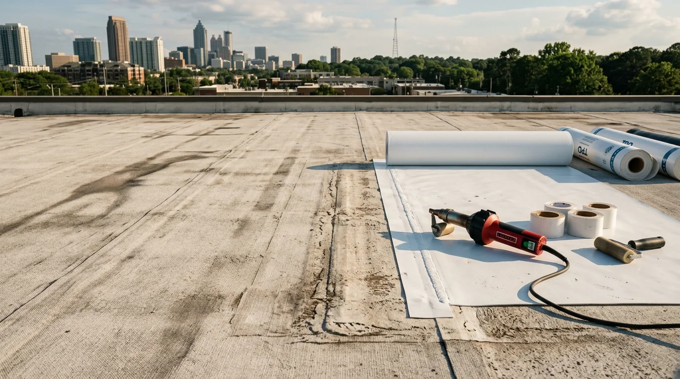 Close-up view of a flat commercial roof membrane repair in Atlanta, GA, showing a technician sealing an open seam along a parapet wall after storm damage. The surrounding membrane surface shows signs of UV weathering typical of Georgia's high-heat climate.