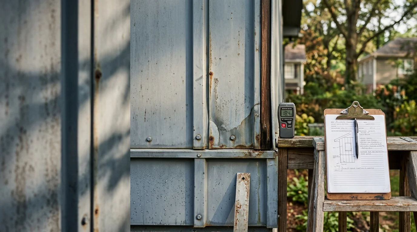 A certified metal siding specialist inspecting panel seams and fasteners on a residential home exterior in Atlanta, GA. Close-up view shows a metal panel wall with visible trim joints and corner transitions under review.