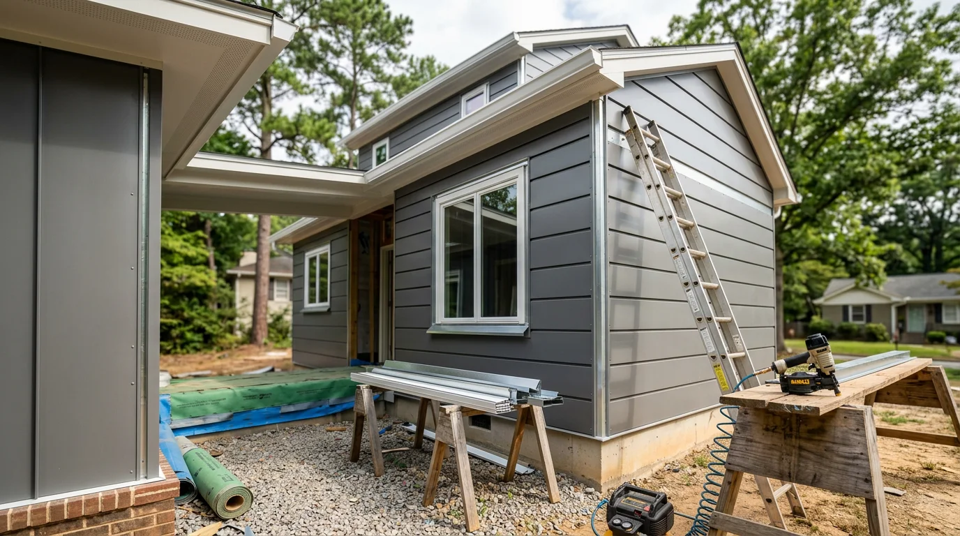 Freshly installed metal siding panels on a residential home in Atlanta, GA, showing clean horizontal lines and a tight fit at the wall corners. The exterior reflects the bright Georgia sunlight against a clear blue sky.