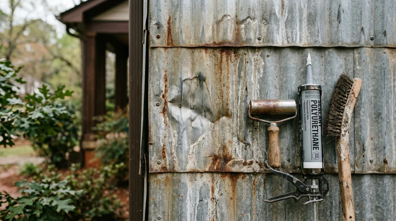 A certified metal siding repair specialist resealing and refinishing a section of damaged metal wall panels on an Atlanta, GA residential property. Close-up view shows repaired panel joints and restored surface coating alongside undamaged surrounding panels.