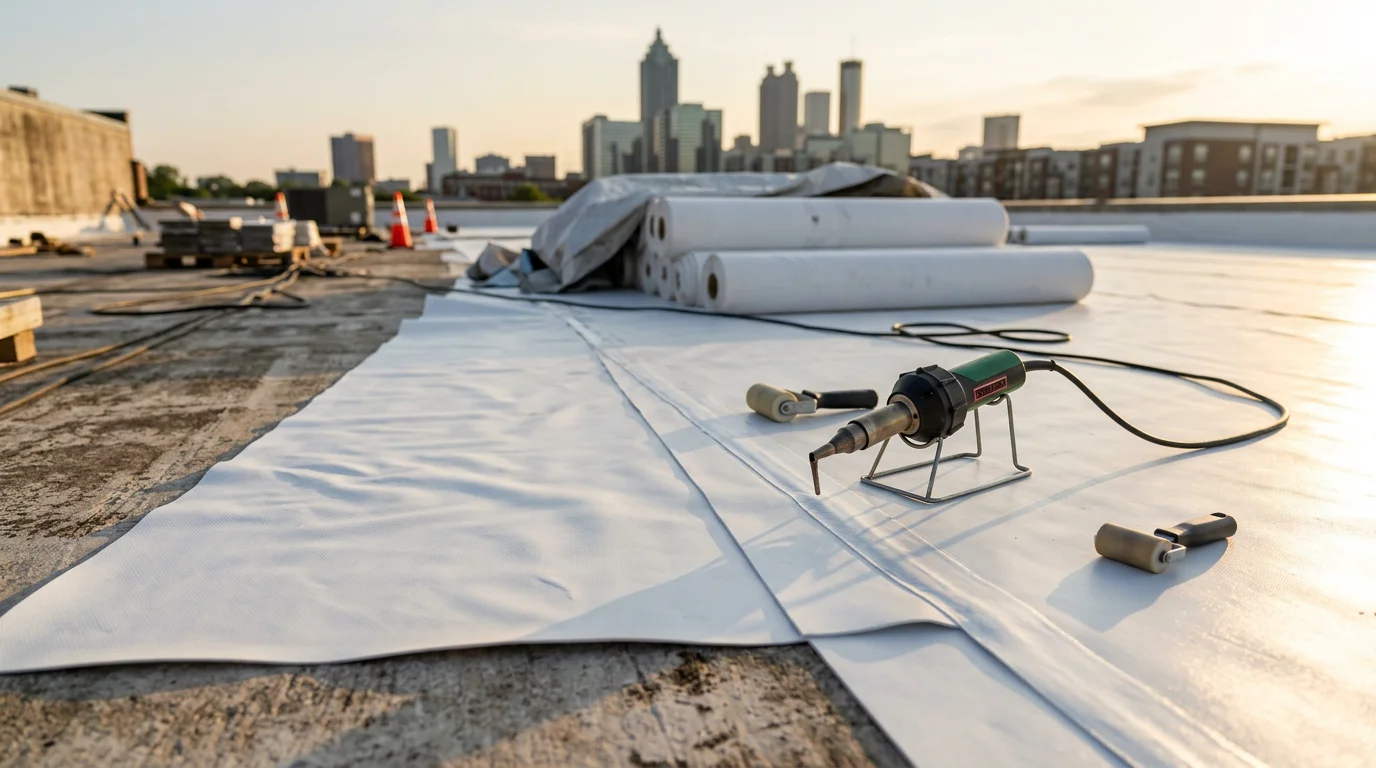 A completed PVC single-ply membrane roof installation on a flat commercial building in Atlanta, GA, showing white reflective membrane with clean heat-welded seams across the full roof surface. The building is set against a clear Georgia sky with surrounding commercial properties visible in the background.