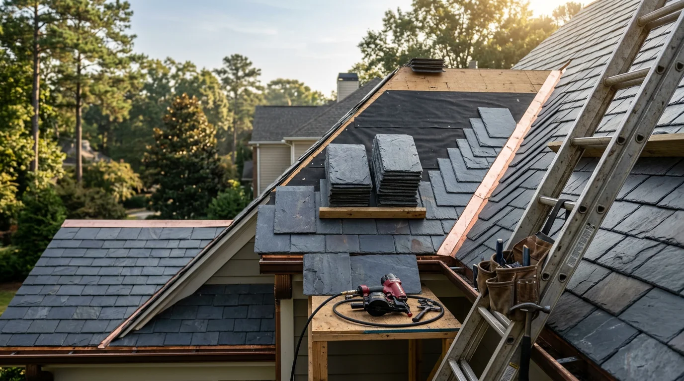 Freshly installed natural slate roof on a residential home in Atlanta, GA, showing precisely laid stone tiles with clean ridge lines and integrated metal flashing at the chimney. The finished roof reflects the dimensional texture and architectural character that slate roofing adds to Georgia homes.