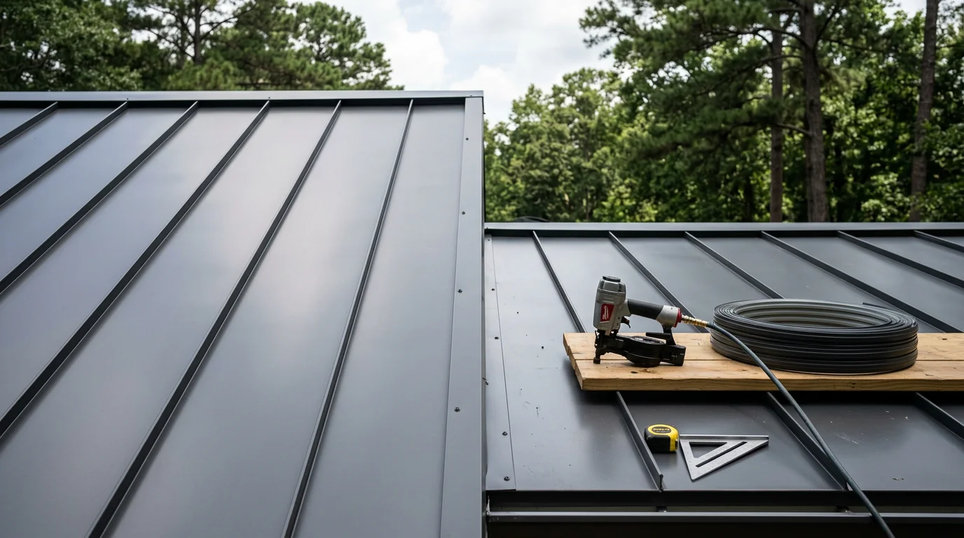 Completed standing seam metal roof installation on a residential property in Atlanta, GA, showing continuous vertical panels with raised interlocking seams running from ridge to eave. The concealed-fastener system reflects Georgia sunlight across a clean, uniform panel surface.