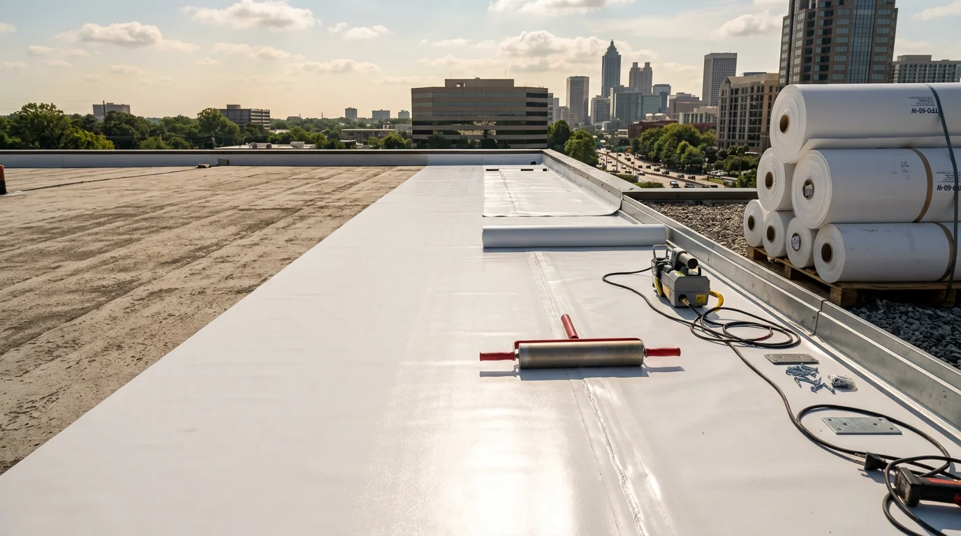 A completed TPO single-ply membrane roof installation on a commercial flat-roof building in Atlanta, GA, showing white reflective membrane with heat-welded seams and finished edge metal. The surrounding Atlanta skyline and tree canopy are visible in the background.